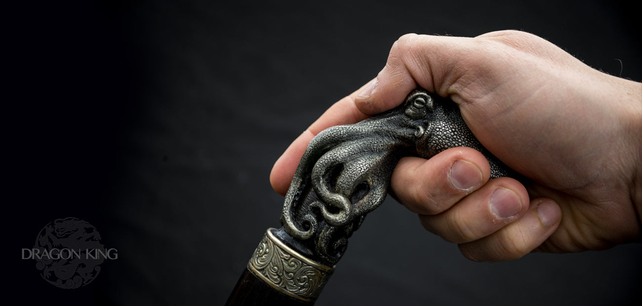Damascus Octopus Cane Sword - Wood Shaft