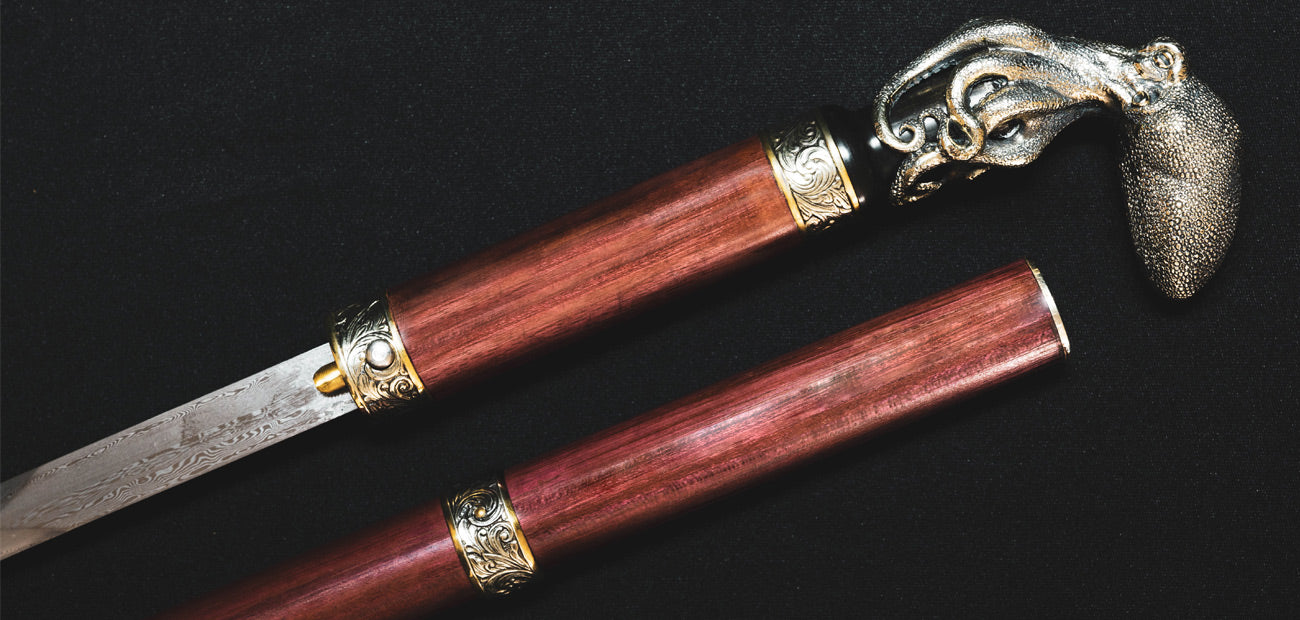 Damascus Octopus Cane Sword - Wood Shaft